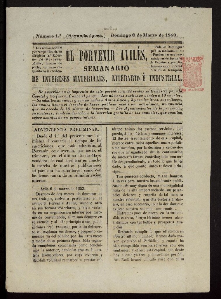 Miniatura de El Porvenir Avilés del 6 de marzo de 1853