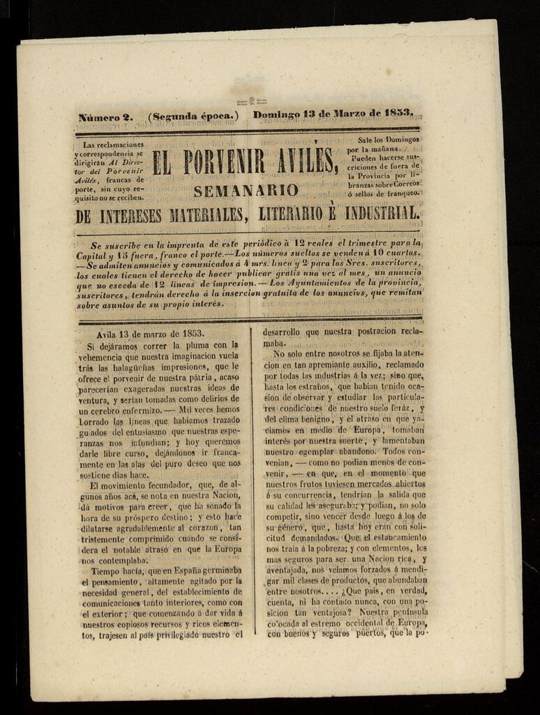 Miniatura de El Porvenir Avilés del 13 de marzo de 1853