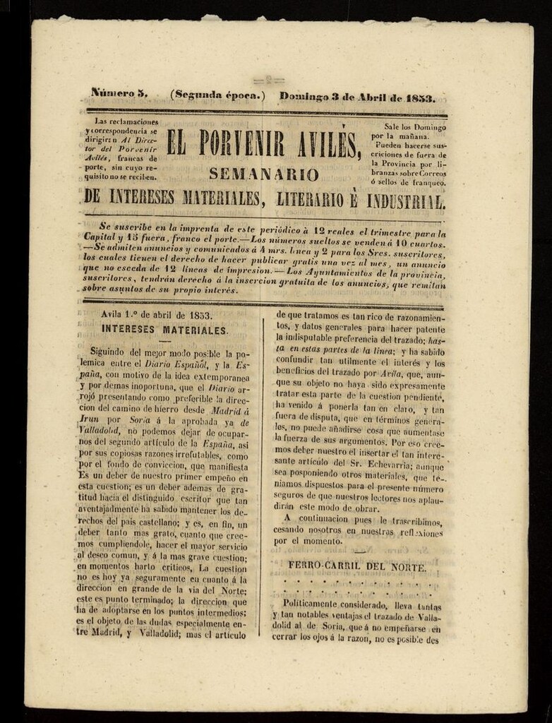 Miniatura de El Porvenir Avilés del 3 de abril de 1853