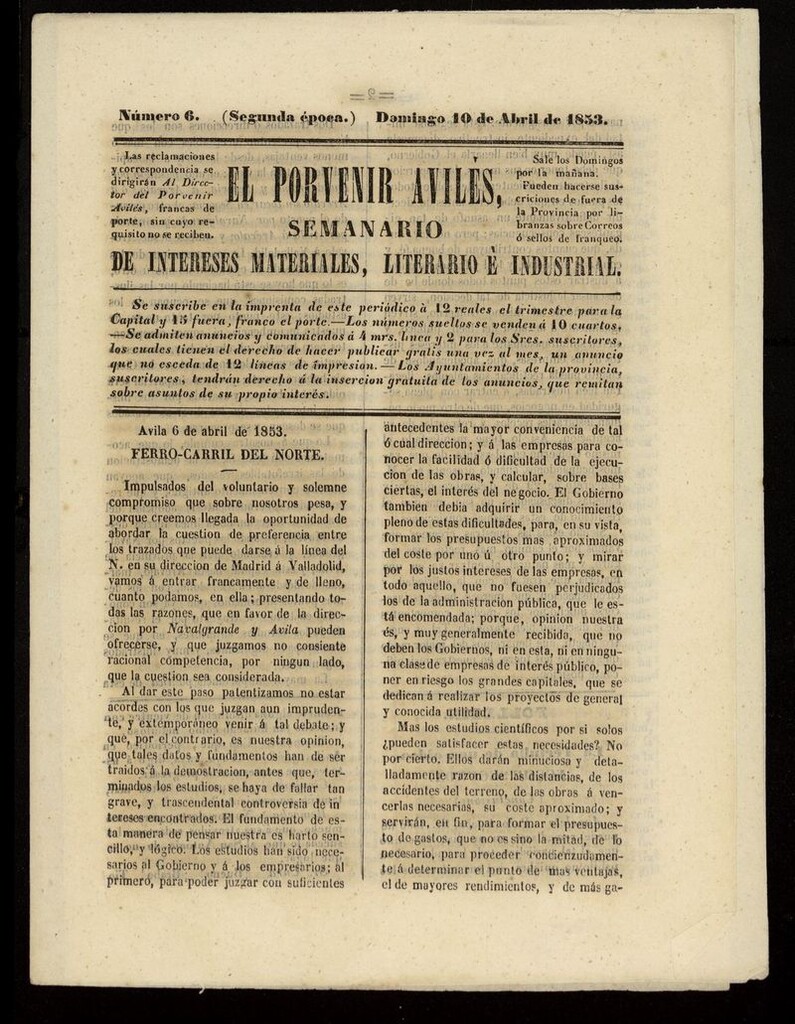 Miniatura de El Porvenir Avilés del 10 de abril de 1853