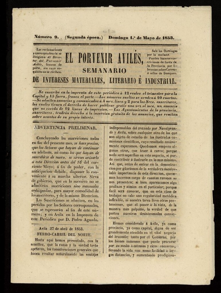 Miniatura de El Porvenir Avilés del 1 de mayo de 1853
