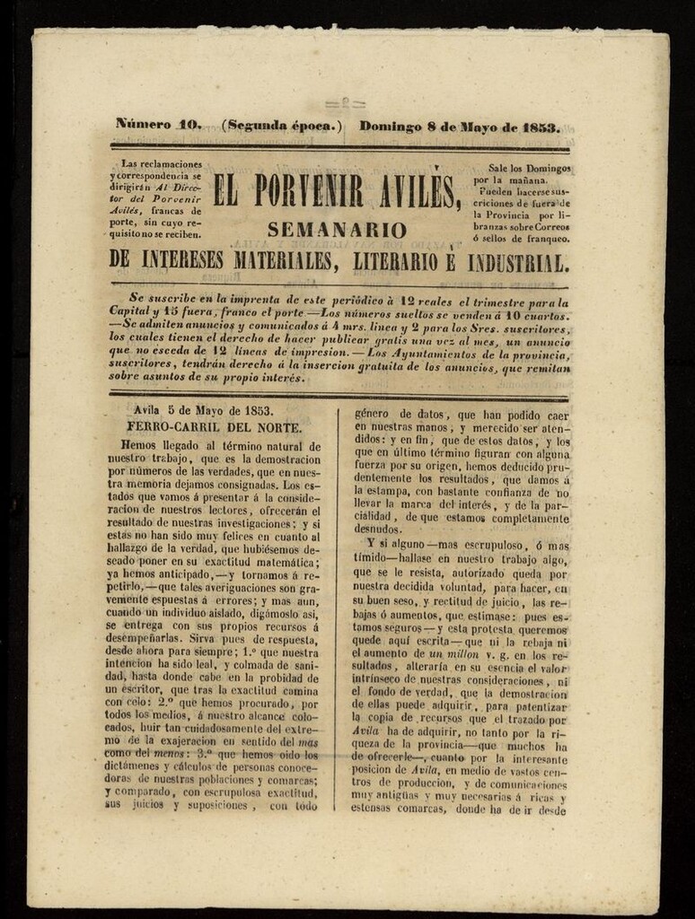 Miniatura de El Porvenir Avilés del 8 de mayo de 1853