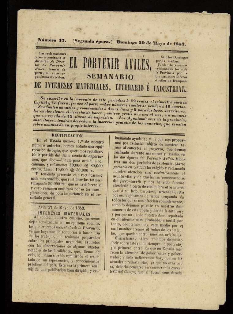 Miniatura de El Porvenir Avilés del 29 de mayo de 1853