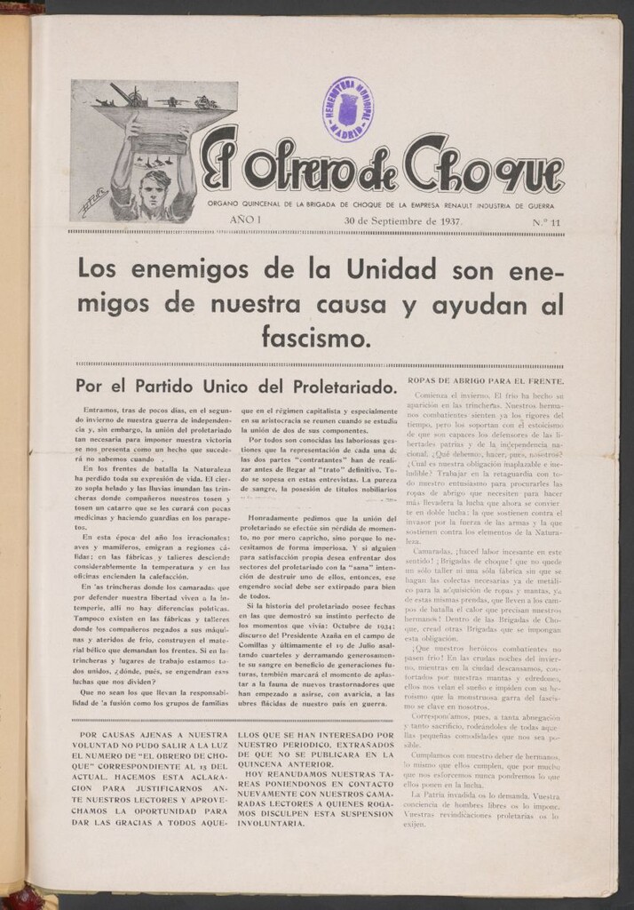Miniatura de El obrero de choque : órgano quincenal de la Brigada de choque de la Empresa Renault Industria de Guerra del 30 de septiembre de 1937