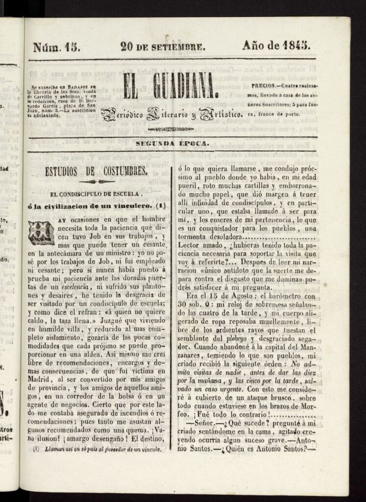 Miniatura de El Guadiana : periódico literario y artístico del 20 de septiembre de 1845