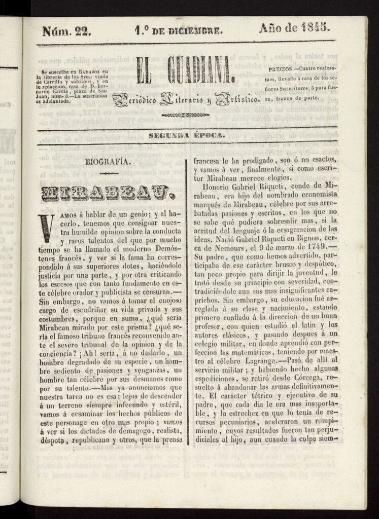 Miniatura de El Guadiana : periódico literario y artístico del 1 de diciembre de 1845