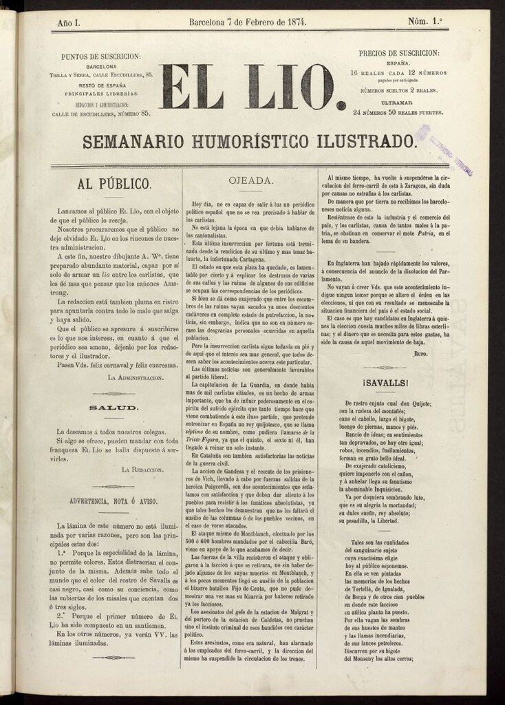 Miniatura de El Lío : semanario humorístico ilustrado del 7 de febrero de 1874
