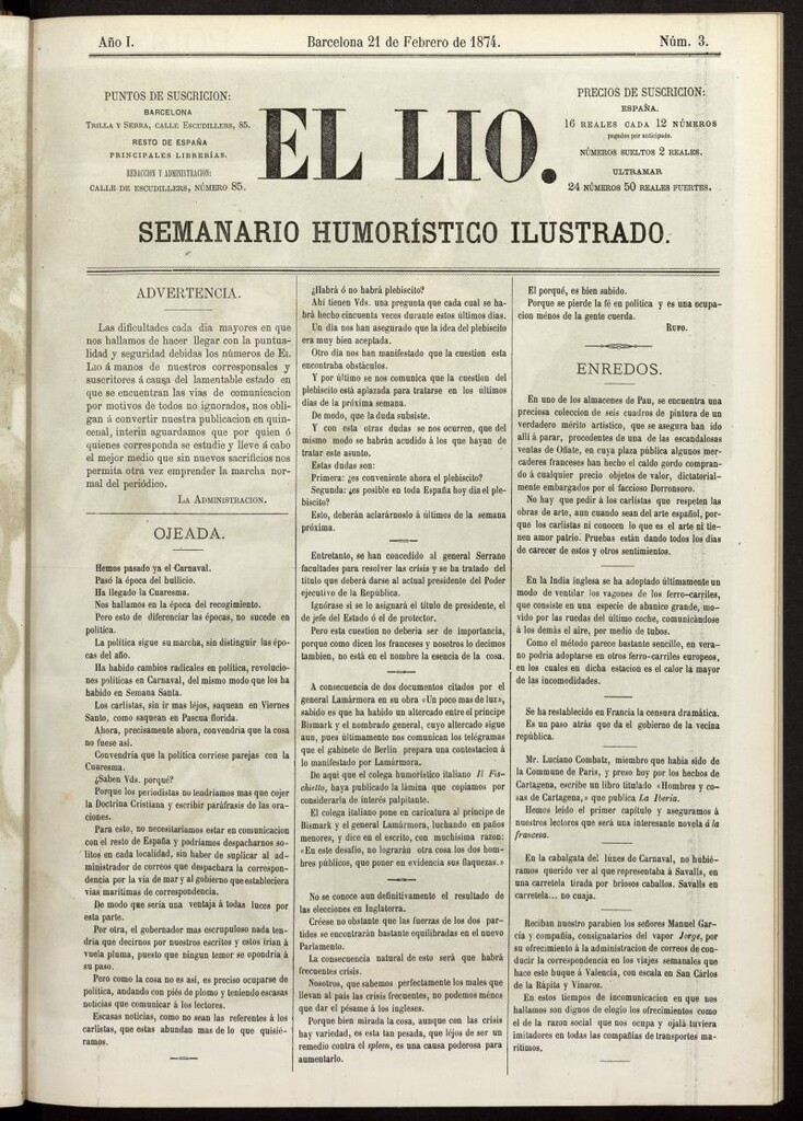 Miniatura de El Lío : semanario humorístico ilustrado del 21 de febrero de 1874
