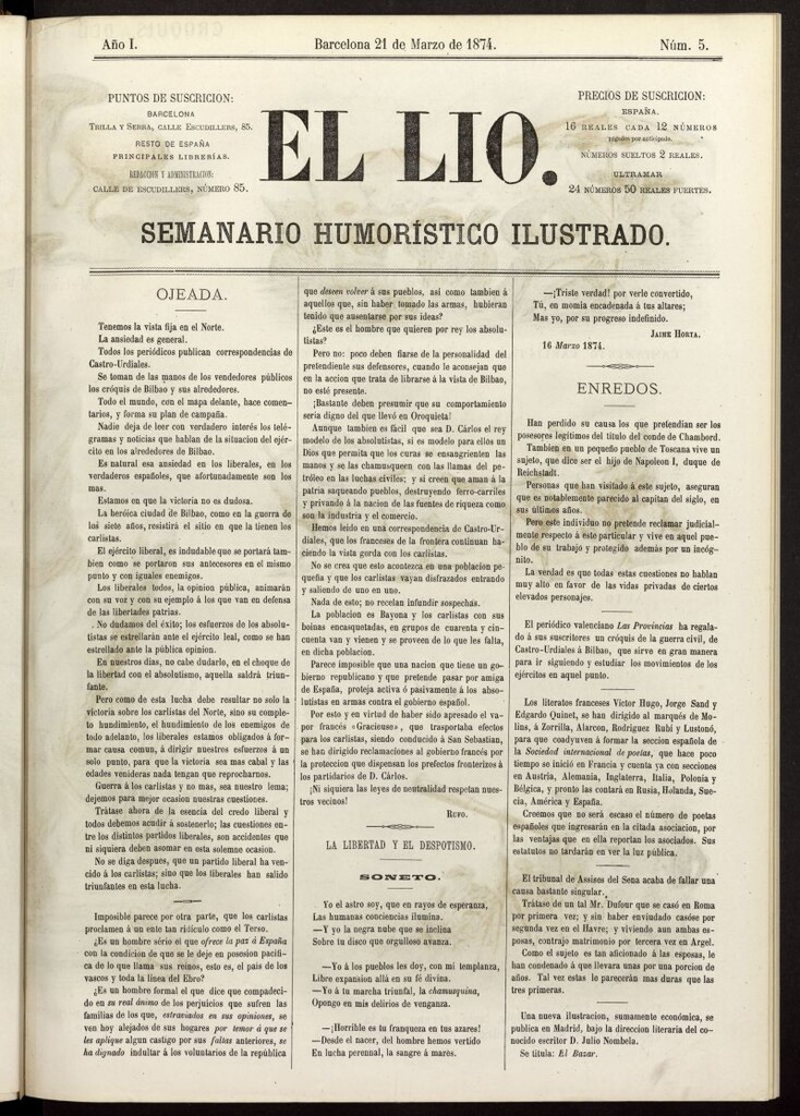 Miniatura de El Lío : semanario humorístico ilustrado del 21 de marzo de 1874