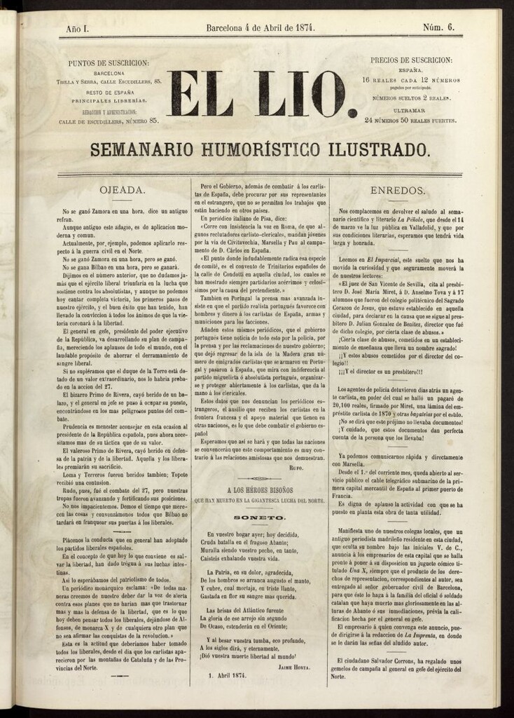 Miniatura de El Lío : semanario humorístico ilustrado del 4 de abril de 1874