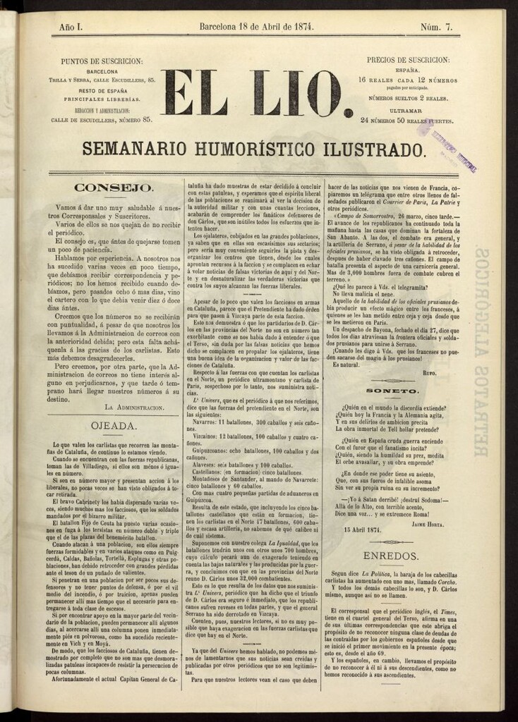 Miniatura de El Lío : semanario humorístico ilustrado del 18 de abril de 1874