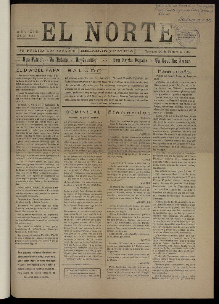Miniatura de El norte : religión y patria del 20 de febrero de 1937
