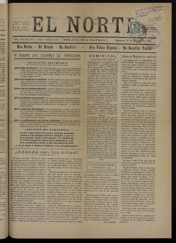 Miniatura de El norte : religión y patria del 27 de febrero de 1937