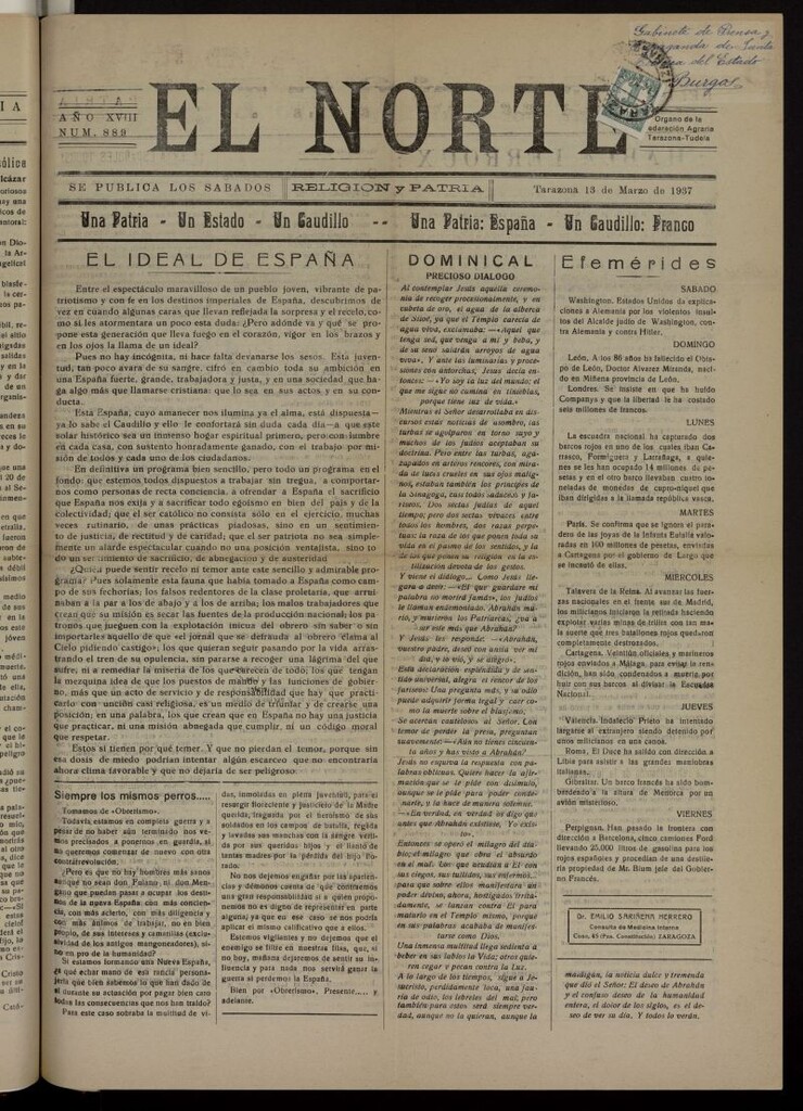 Miniatura de El norte : religión y patria del 13 de marzo de 1937
