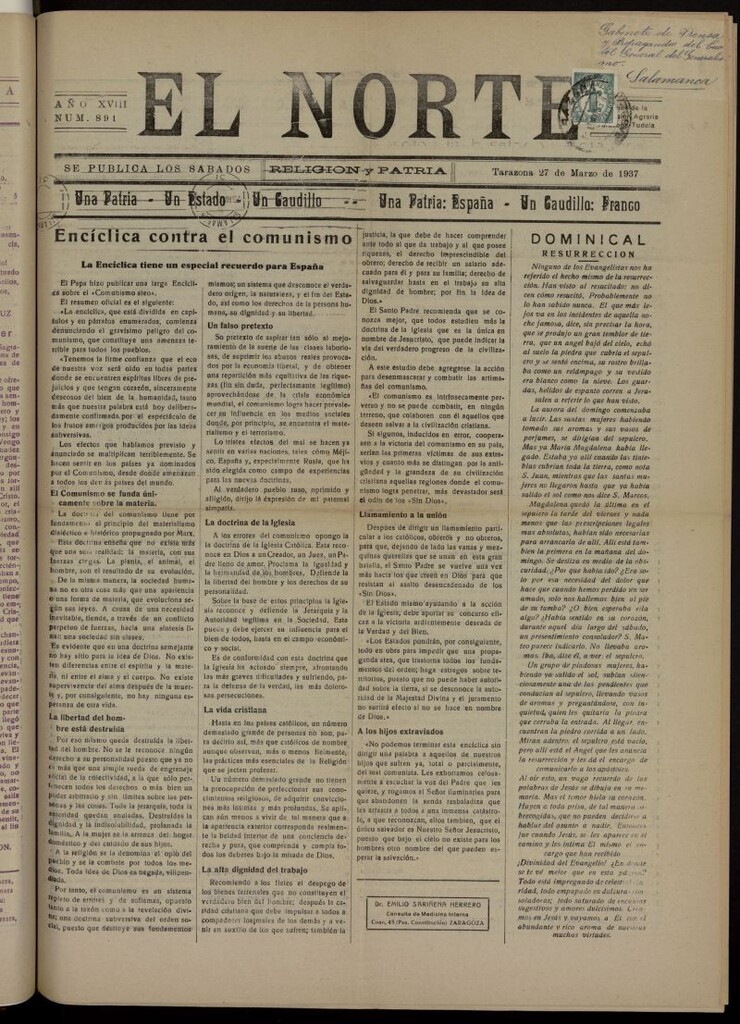 Miniatura de El norte : religión y patria del 27 de marzo de 1937