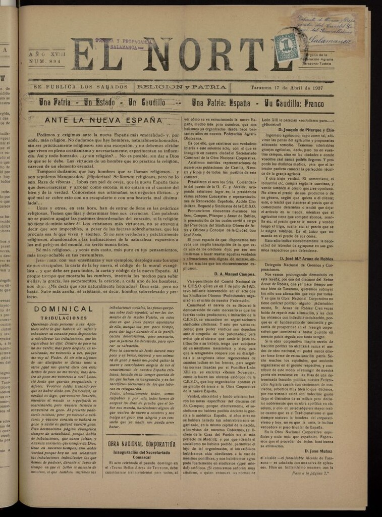 Miniatura de El norte : religión y patria del 17 de abril de 1937