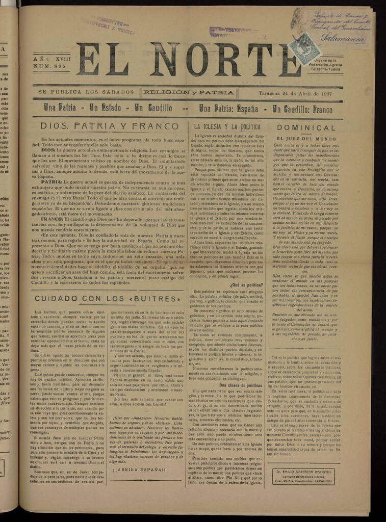 Miniatura de El norte : religión y patria del 24 de abril de 1937