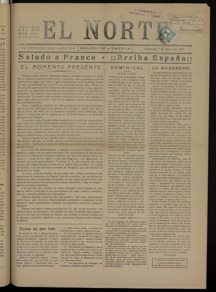Miniatura de El norte : religión y patria  del 1 de mayo de 1937