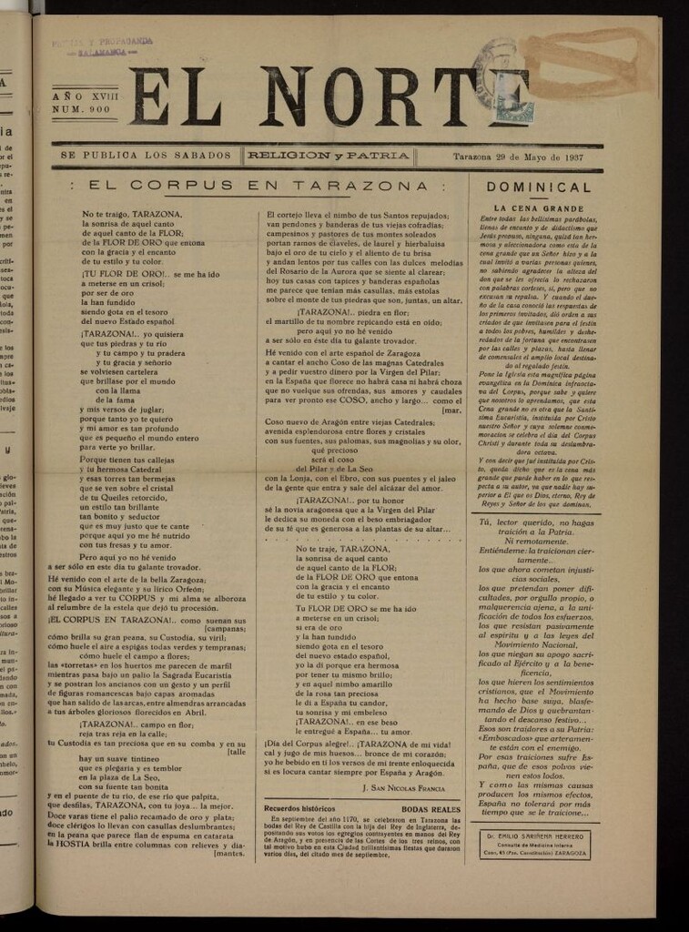 Miniatura de El norte : religión y patria del 29 de mayo de 1937
