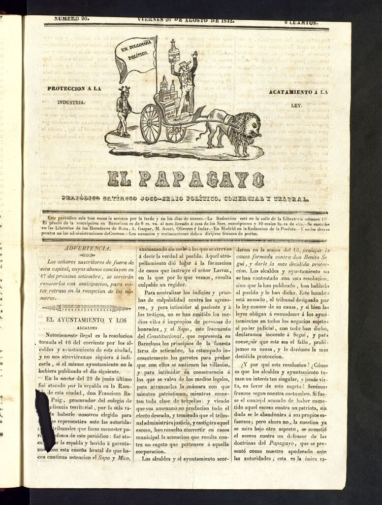 Miniatura de El Papagayo : periódico satírico, joco-serio, político, comercial y teatral del 26 de agosto de 1842