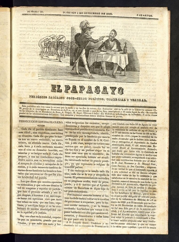 Miniatura de El Papagayo : periódico satírico, joco-serio, político, comercial y teatral del 4 de septiembre de 1842