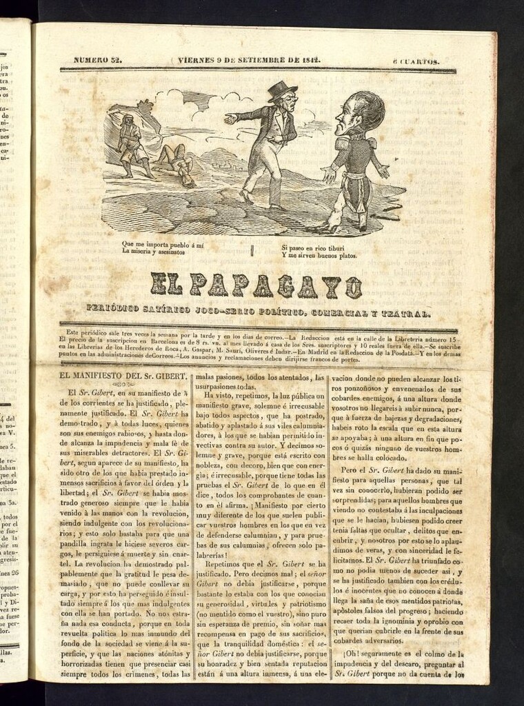 Miniatura de El Papagayo : periódico satírico, joco-serio, político, comercial y teatral del 9 de septiembre de 1842