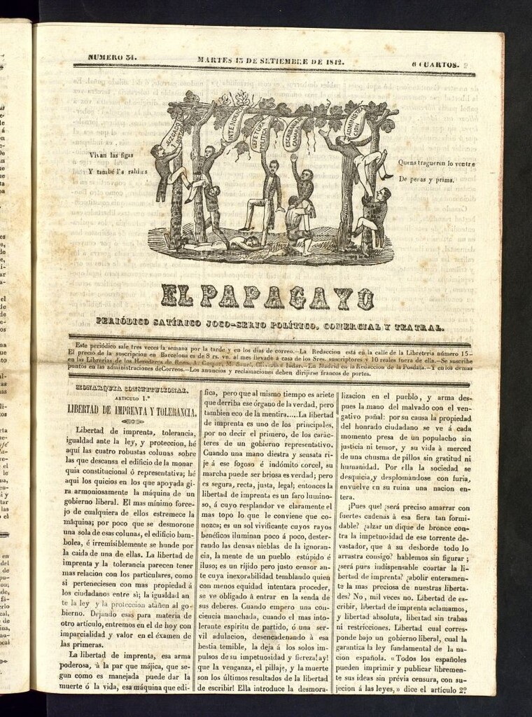Miniatura de El Papagayo : periódico satírico, joco-serio, político, comercial y teatral del 13 de septiembre de 1842