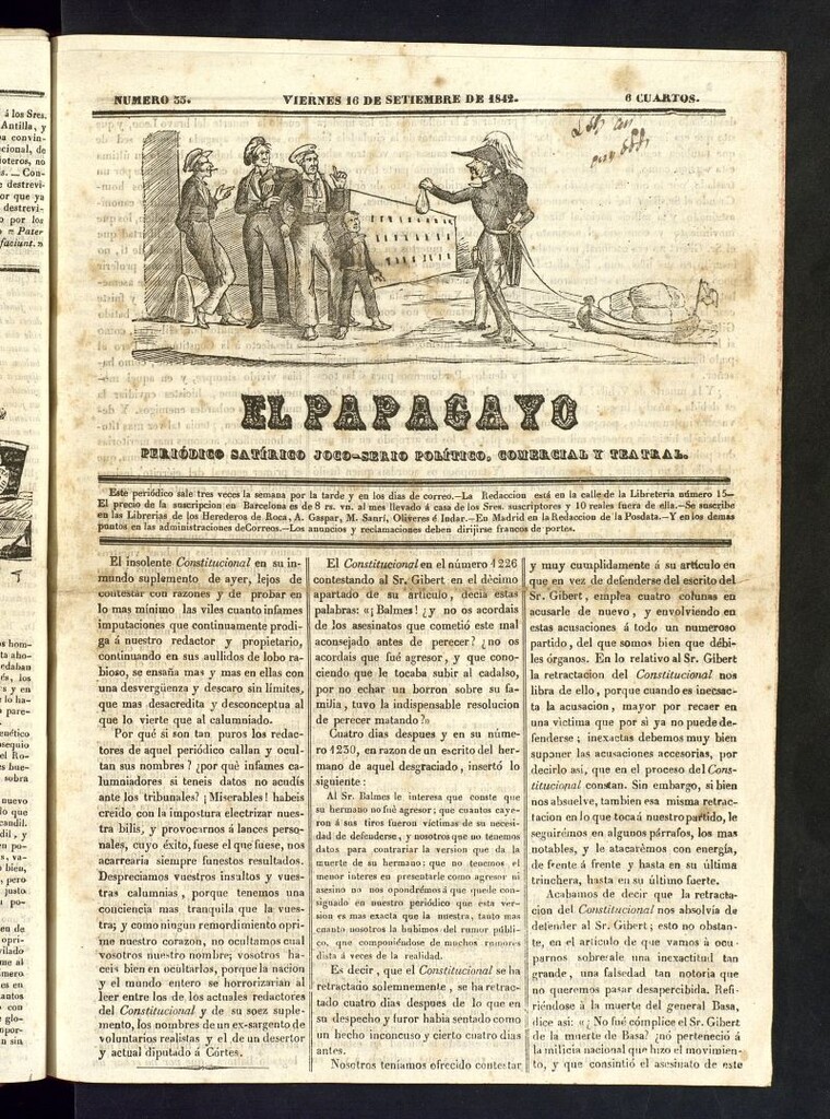 Miniatura de El Papagayo : periódico satírico, joco-serio, político, comercial y teatral del 16 de septiembre de 1842