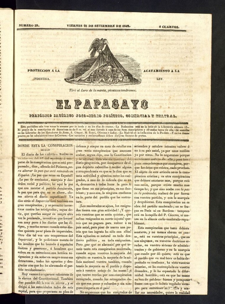 Miniatura de El Papagayo : periódico satírico, joco-serio, político, comercial y teatral del 23 de septiembre de 1842