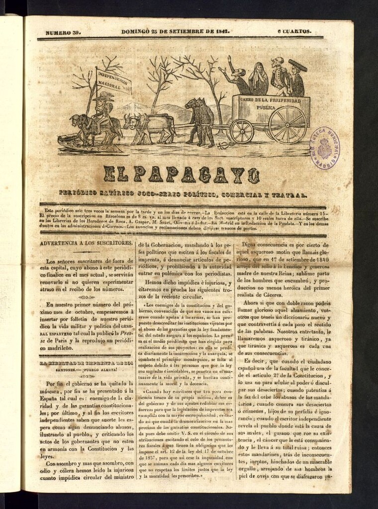 Miniatura de El Papagayo : periódico satírico, joco-serio, político, comercial y teatral del 25 de septiembre de 1842