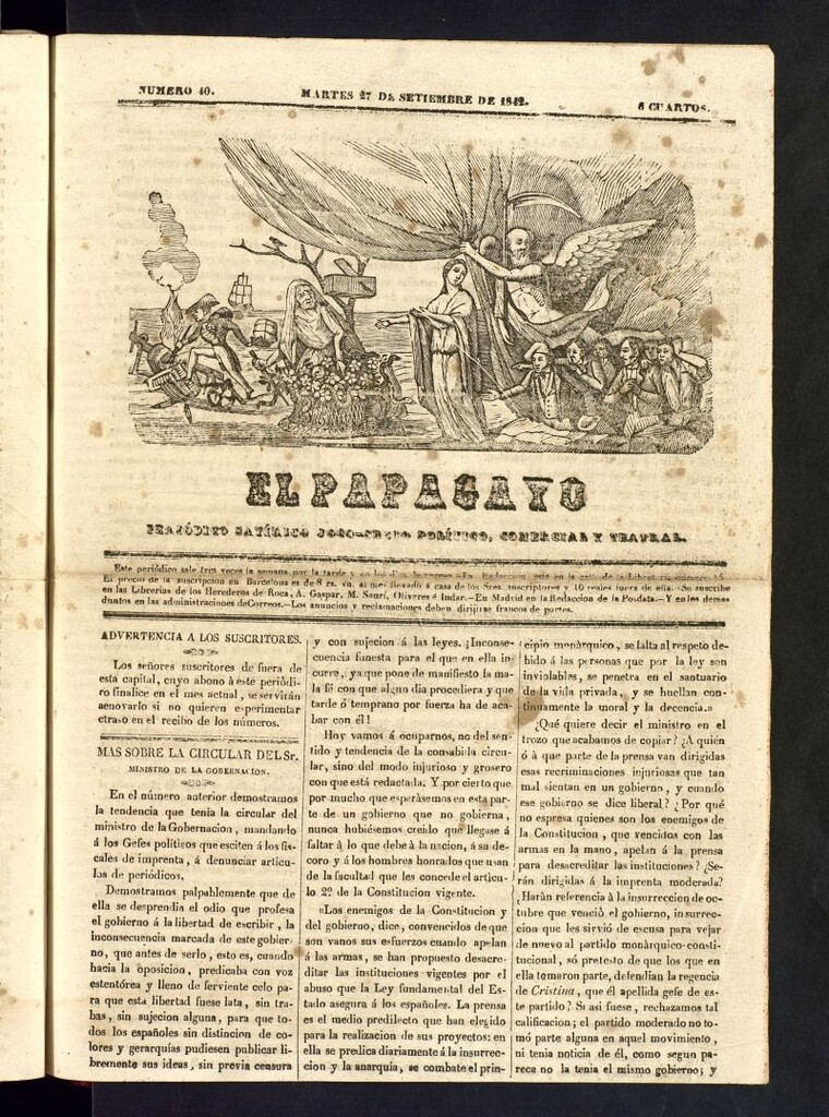 Miniatura de El Papagayo : periódico satírico, joco-serio, político, comercial y teatral del 27 de septiembre de 1842