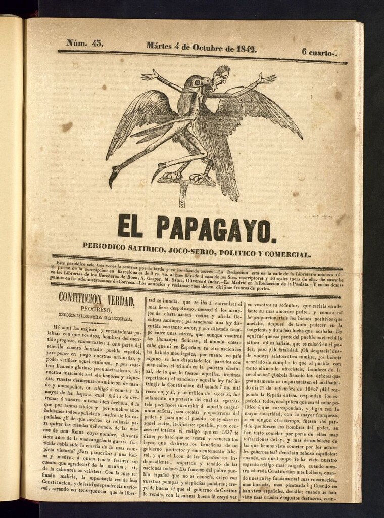 Miniatura de El Papagayo : periódico satírico, joco-serio, político, comercial y teatral del 4 de octubre de 1842