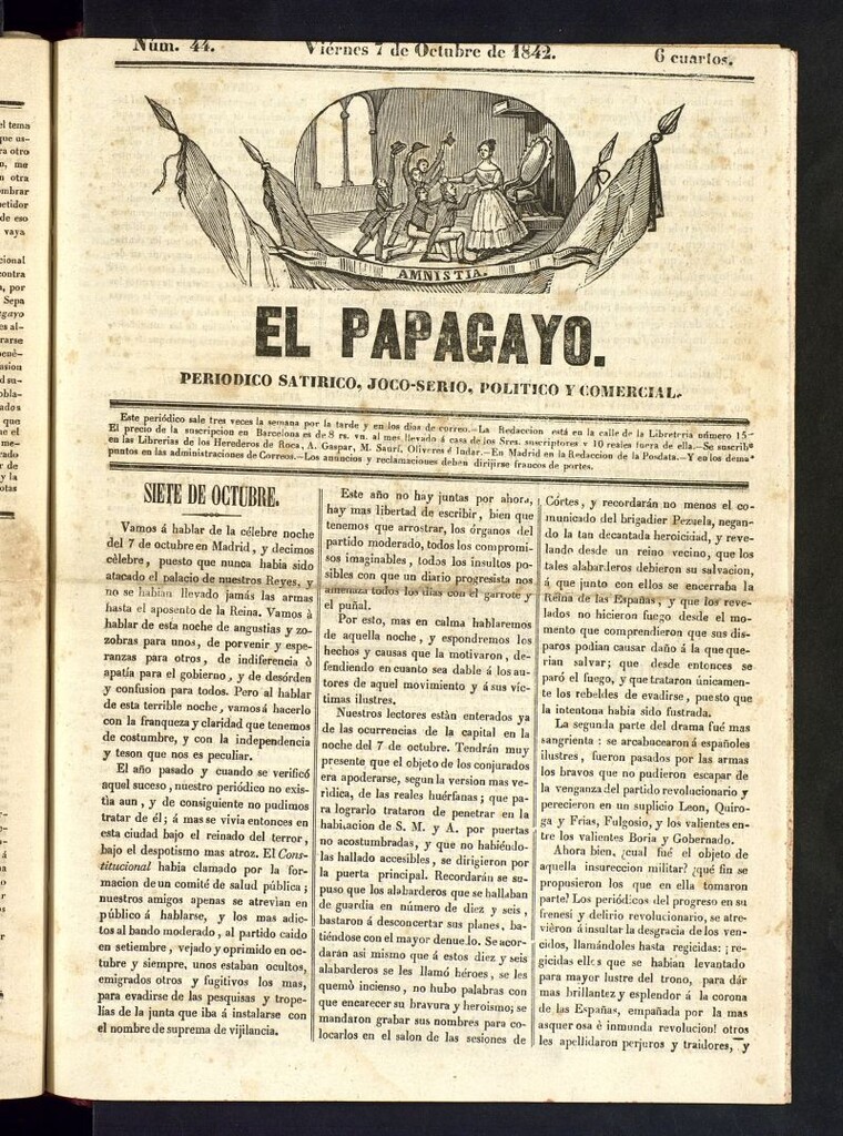 Miniatura de El Papagayo : periódico satírico, joco-serio, político, comercial y teatral del 7 de octubre de 1842