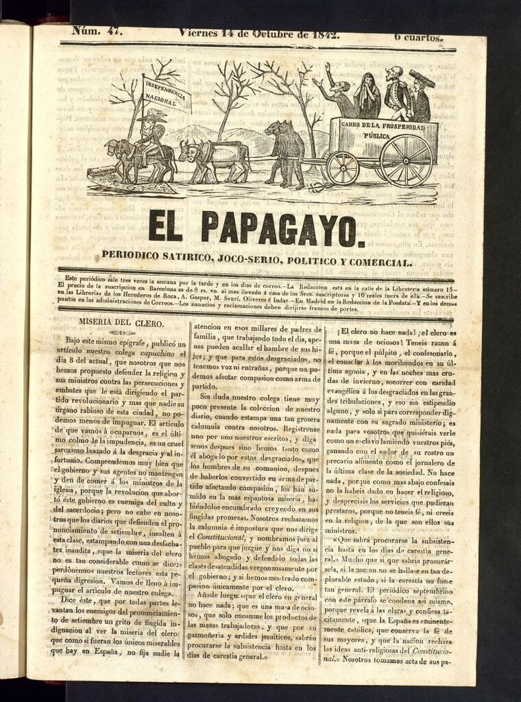 Miniatura de El Papagayo : periódico satírico, joco-serio, político, comercial y teatral 14 octubre de 1842