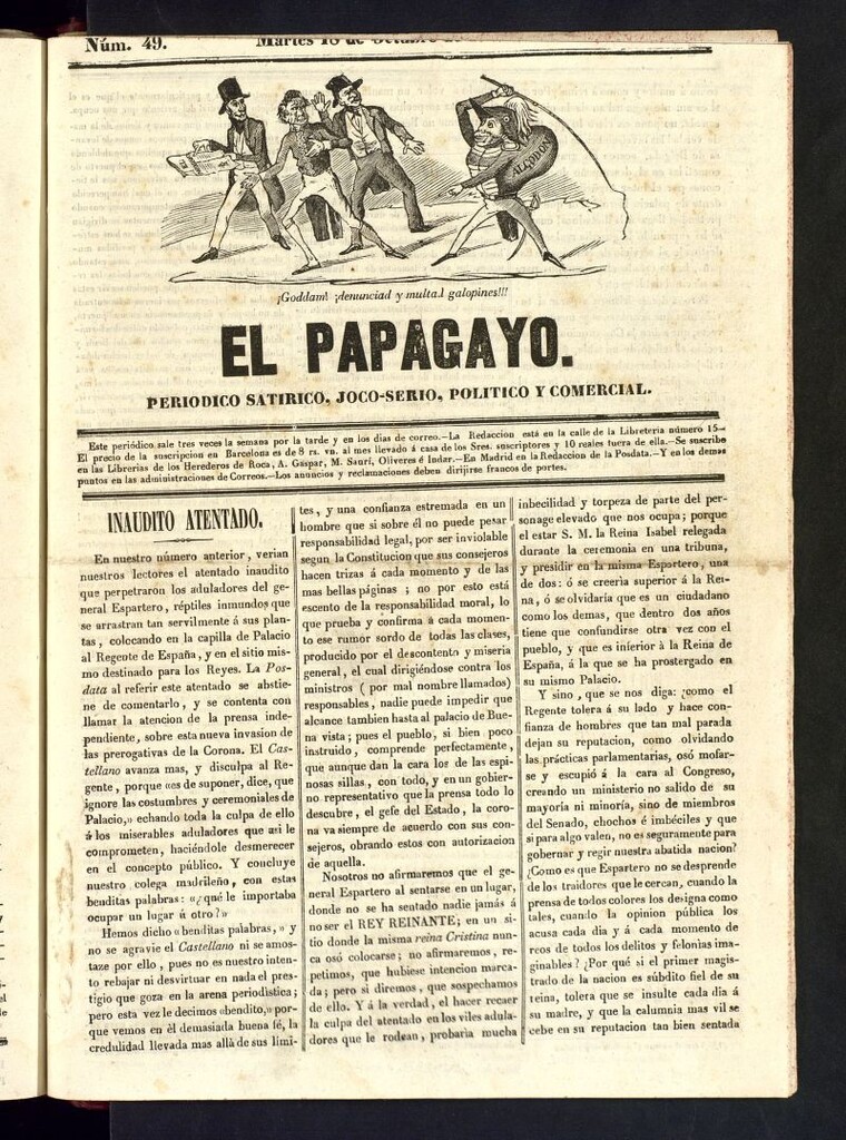 Miniatura de El Papagayo : periódico satírico, joco-serio, político, comercial y teatral del ¿18? de octubre de 1842