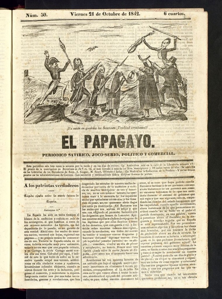 Miniatura de El Papagayo : periódico satírico, joco-serio, político, comercial y teatral del 21 de octubre de 1842