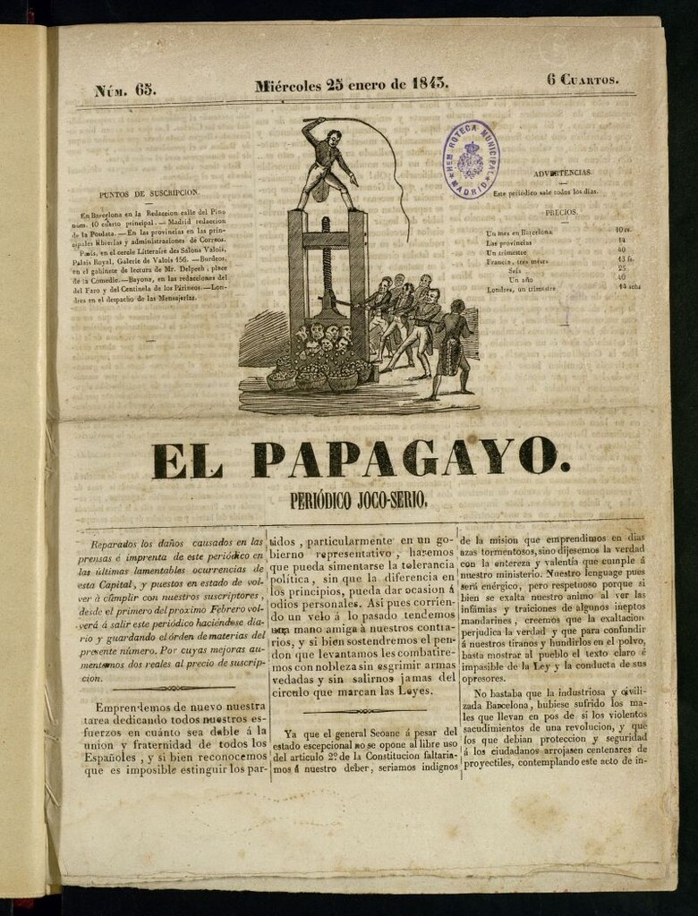 Miniatura de El Papagayo : periódico satírico, joco-serio, político, comercial y teatral del 25 de enero de 1843
