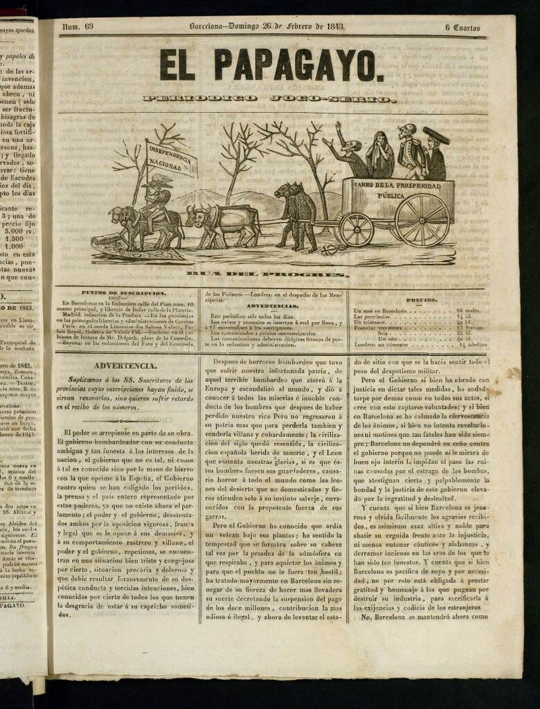 Miniatura de El Papagayo : periódico satírico, joco-serio, político, comercial y teatral del 26 de febrero de 1843