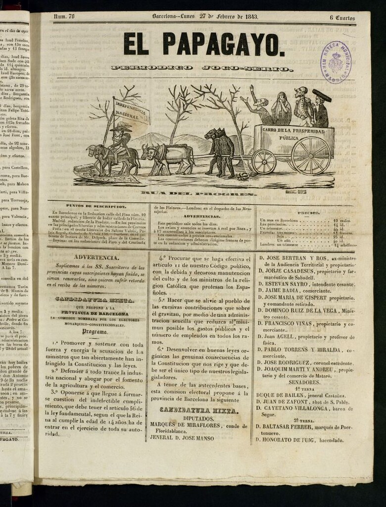 Miniatura de El Papagayo : periódico satírico, joco-serio, político, comercial y teatral del 27 de febrero de 1843