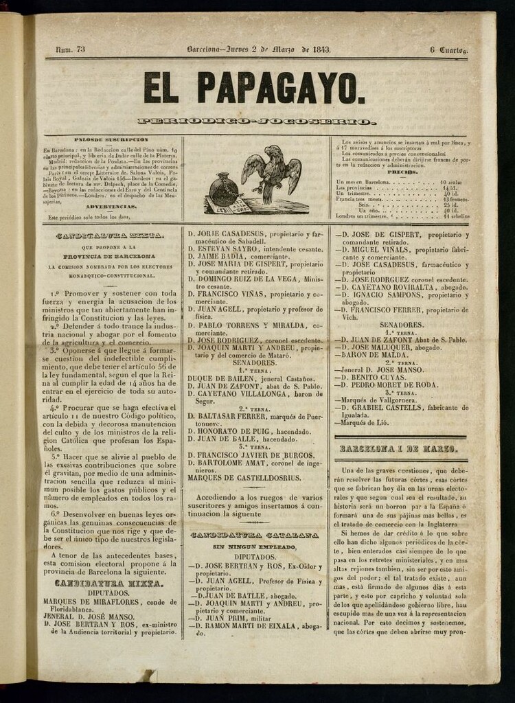 Miniatura de El Papagayo : periódico satírico, joco-serio, político, comercial y teatral del 2 de marzo de 1843