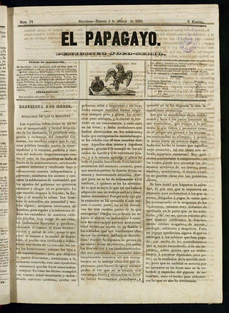 Miniatura de El Papagayo : periódico satírico, joco-serio, político, comercial y teatral del 3 de marzo de 1843