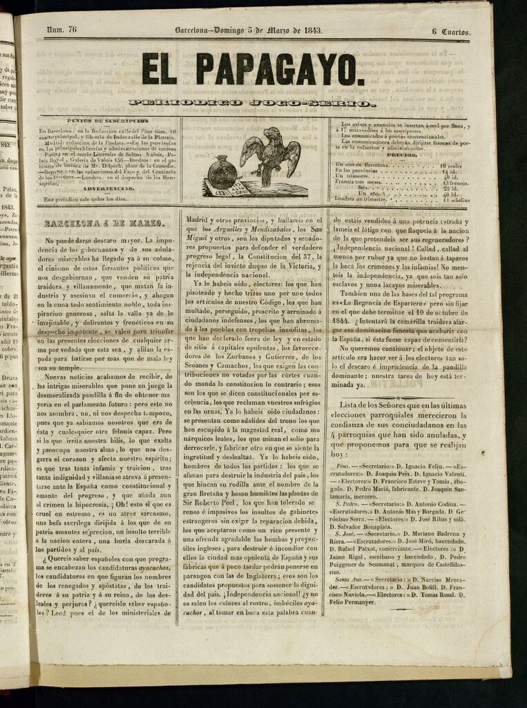 Miniatura de El Papagayo : periódico satírico, joco-serio, político, comercial y teatral del 5 de marzo de 1843