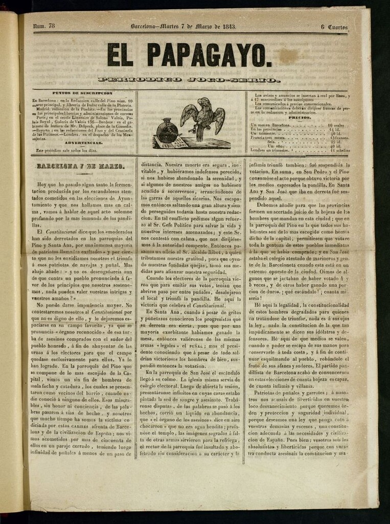 Miniatura de El Papagayo : periódico satírico, joco-serio, político, comercial y teatral del 7 de marzo de 1843