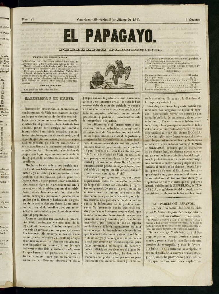 Miniatura de El Papagayo : periódico satírico, joco-serio, político, comercial y teatral del 8 de marzo de 1843