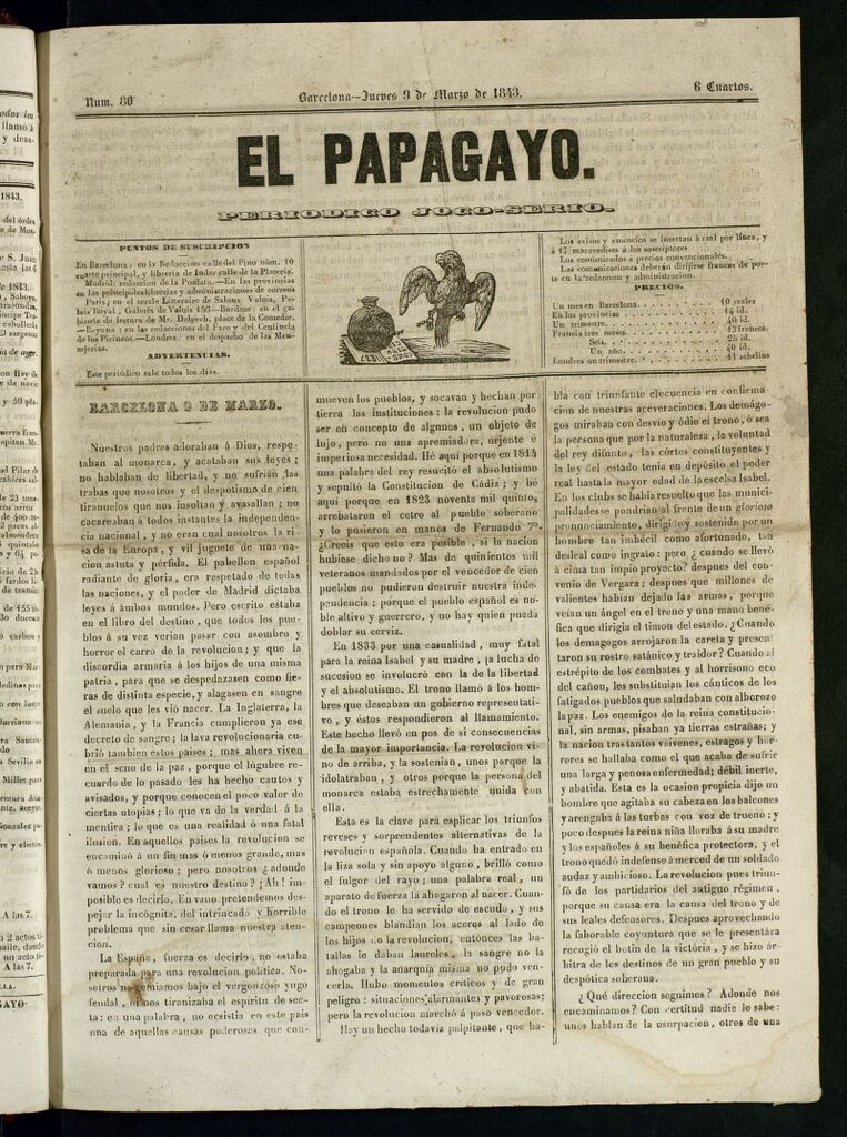Miniatura de El Papagayo : periódico satírico, joco-serio, político, comercial y teatral del 9 de marzo de 1843