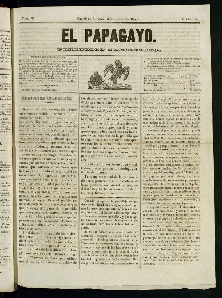 Miniatura de El Papagayo : periódico satírico, joco-serio, político, comercial y teatral del 10 de marzo de 1843