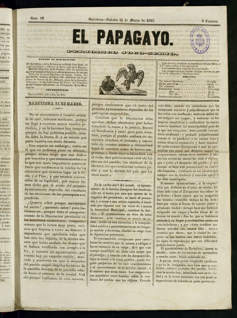 Miniatura de El Papagayo : periódico satírico, joco-serio, político, comercial y teatral del 11 de marzo de 1843