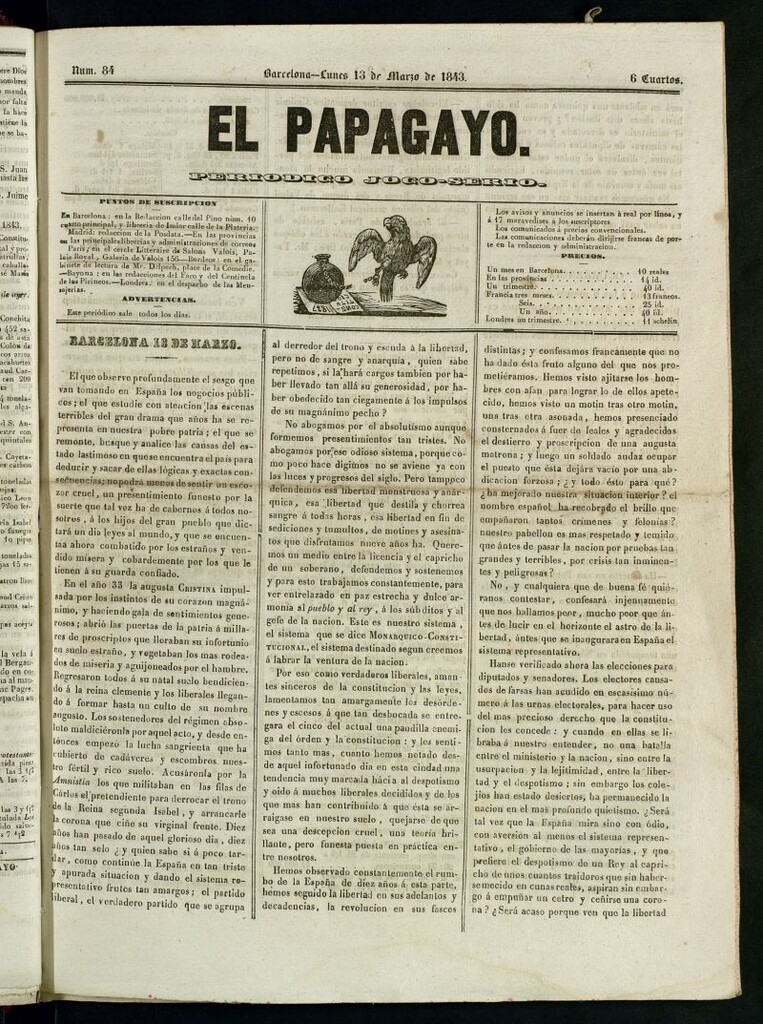 Miniatura de El Papagayo : periódico satírico, joco-serio, político, comercial y teatral del 13 de marzo de 1843