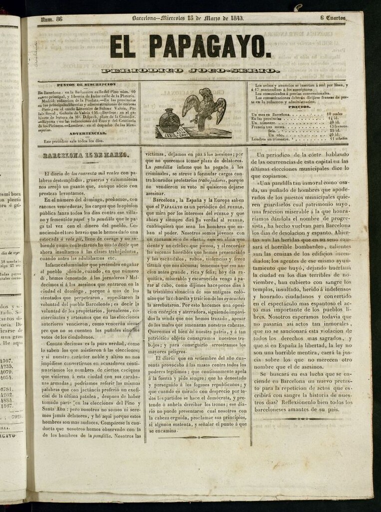 Miniatura de El Papagayo : periódico satírico, joco-serio, político, comercial y teatral del 15 de marzo de 1843