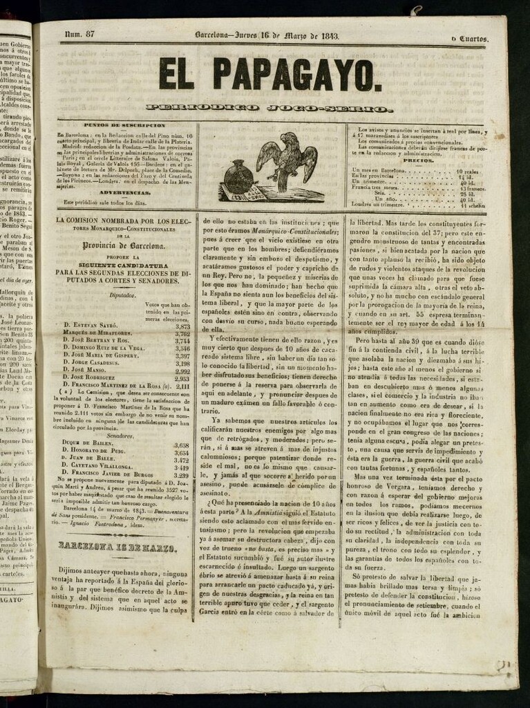 Miniatura de El Papagayo : periódico satírico, joco-serio, político, comercial y teatral del 16 de marzo de 1843